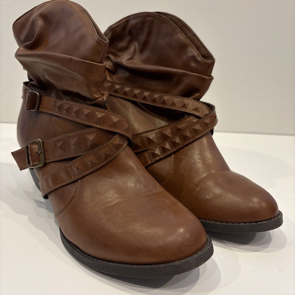 Maurices Ankle Boots Wedge Heel Brown Faux Leather Double Buckle Womens Size 11‎